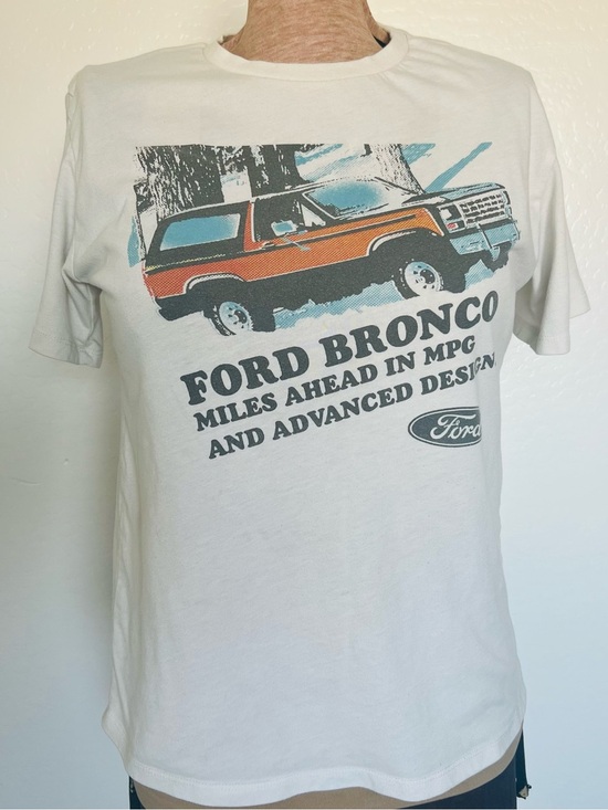Ford Tops - Ford Bronco Tee - White with Orange and Blue Print